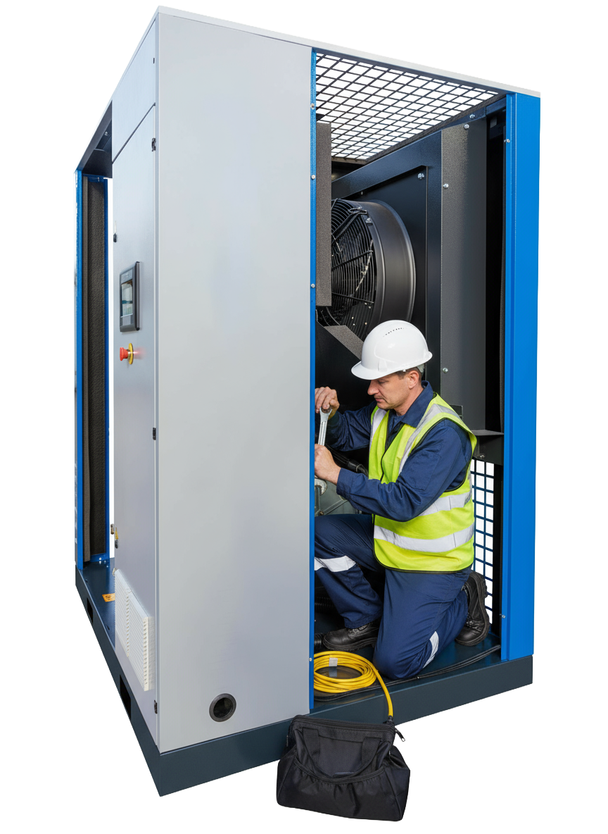Technician servicing an industrial screw compressor
