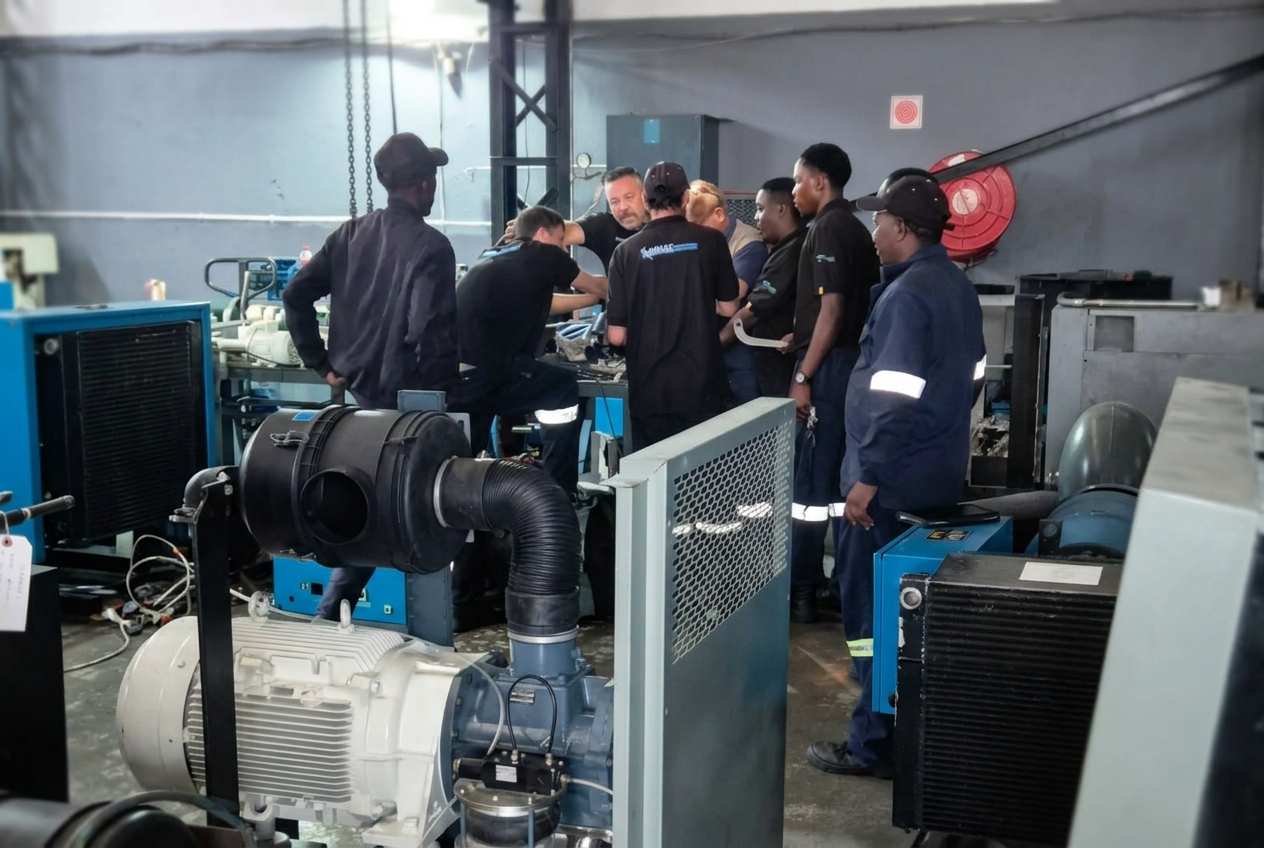 Major compressor repair Impact Pneumatics technicians working on a major compressor repair in the Benoni workshop