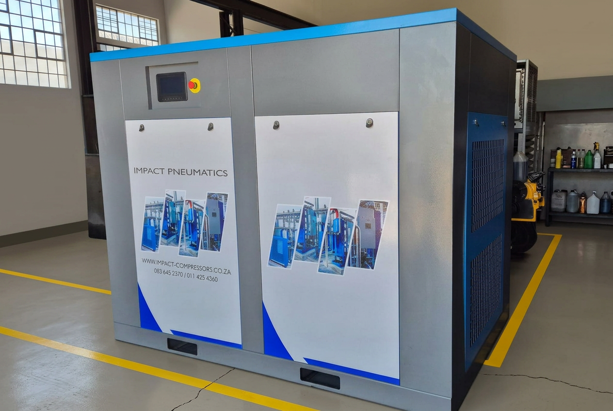 Double-door cabinet compressor Side view of a larger range double-door cabinet screw compressor, workshop-tested before dispatch