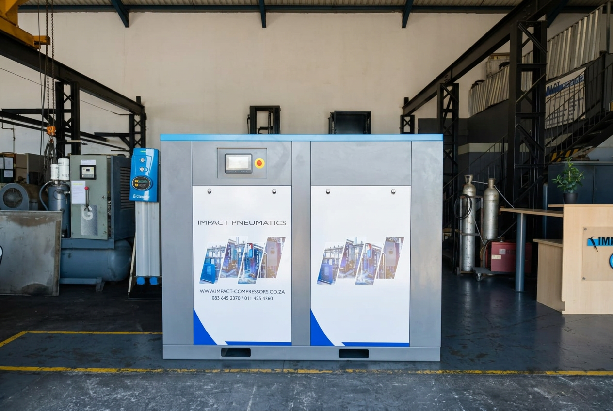 Larger range compressors Larger range twin-door cabinet compressors lined up in the workshop bay after testing