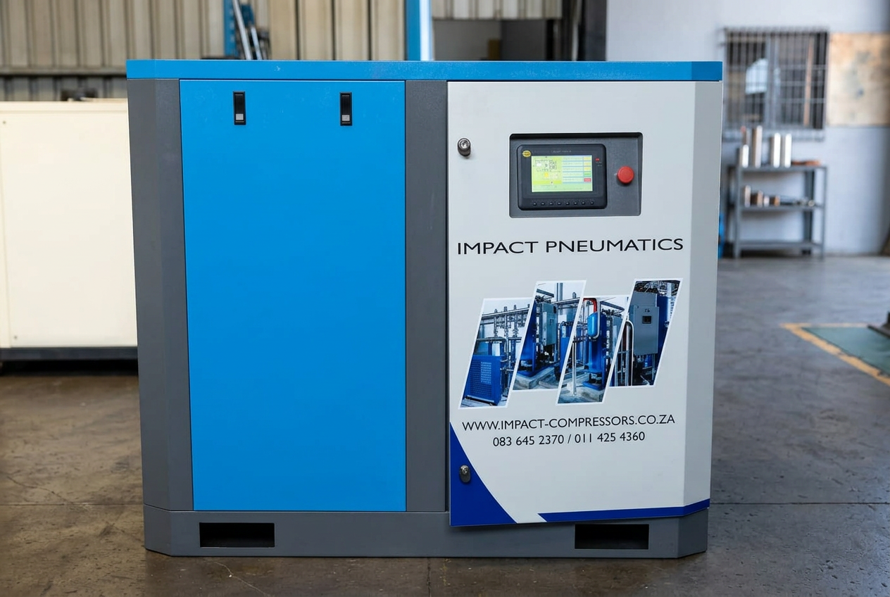Smaller range cabinet compressor Three-quarter angle view of a smaller range single-door cabinet screw compressor, fully tested